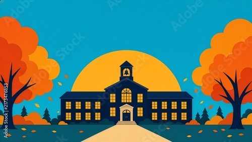 Vector illustration of a school building with a bell tower surrounded by autumn trees at sunset, concept of back to school, education and fall season.
