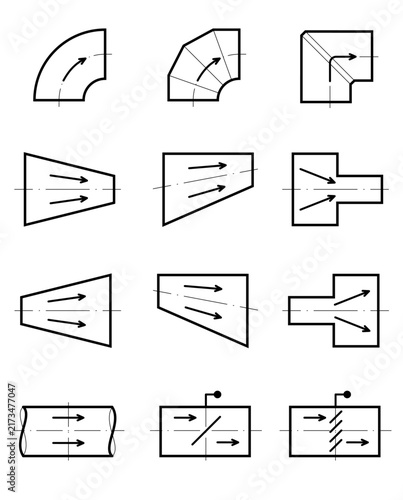 Set of HVAC ductwork symbols and ventilation system diagram elements, including elbows, transitions, dampers, airflow direction arrows technical blueprints. Isolated Vector Illustration