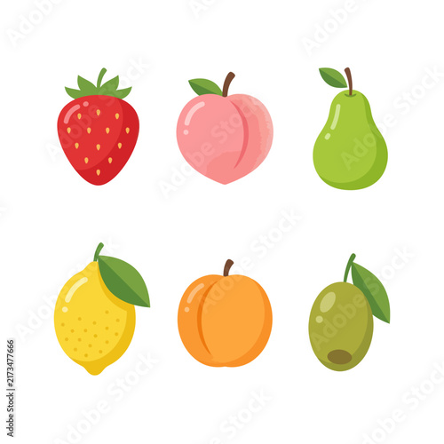 Set of Fresh Fruits Isolated on White Background - Strawberry, Peach, Pear, Lemon, Apricot, Olive