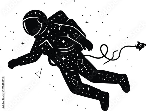 Astronaut silhouette filled with stars and constellations against a white background