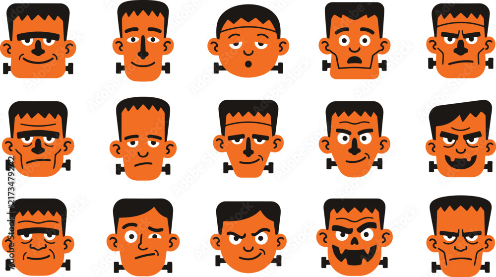 Obraz premium Set of cartoon frankenstein monster faces showing different emotions and expressions for halloween design projects