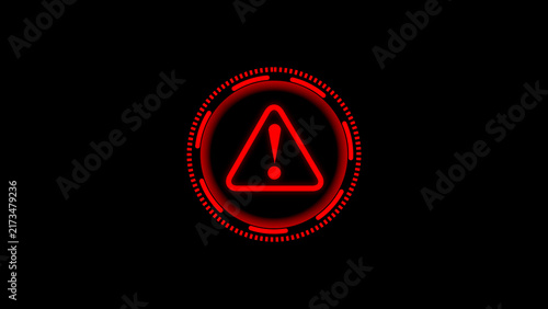 Neon exclamation mark warning symbol represents digital hazard alert. Neon exclamation mark for security danger message. Neon exclamation mark background for cyber system warning sign.