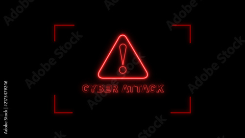 Neon cyber attack warning within frame represents critical digital alert. Neon cyber attack warning for system security info. Neon cyber attack warning background for data emergency.