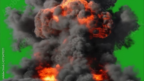 Massive mushroom cloud explosion with intense fire and dark smoke against a green screen background