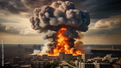 Nuclear explosion mushroom cloud erupting over devastated cityscape during dramatic sunset cinematic motion
