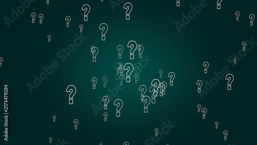 Question marks on dark teal background represent unknown info queries. Question marks for data search problem layouts. Question marks background for digital riddle solving media.
