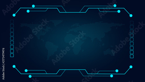 Quadro su tela World map with circuitry frame and bars represents digital interface technology