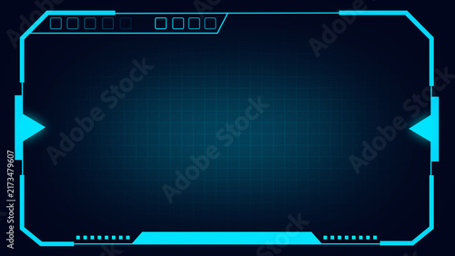 Neon HUD frame with squares and dots represents interface technology. Neon HUD frame for digital display screen border layout. Neon HUD frame background for futuristic software info.