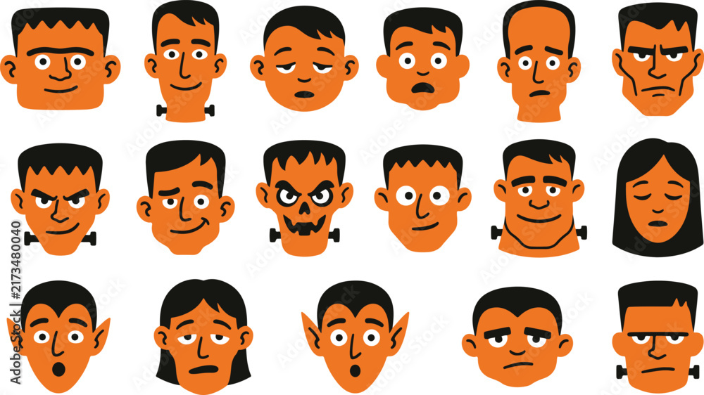 Obraz premium Set of diverse cartoon male faces showing various emotions and expressions for character design and illustration projects