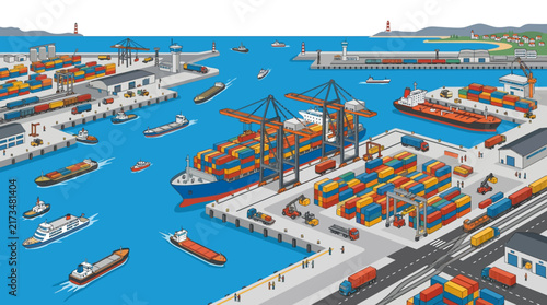 Busy shipping port with container ships, cargo cranes, and industrial buildings