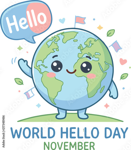World Hello Day Illustration with Cute Smiling Globe Character