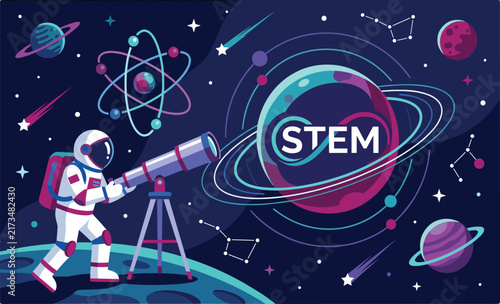 Stem Education Concept with Astronaut Observing Space and Planet