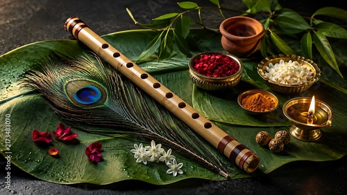 Traditional bamboo flute with peacock feather and glowing oil lamp on banana leaf for indian worship festival ritual and spiritual celebration