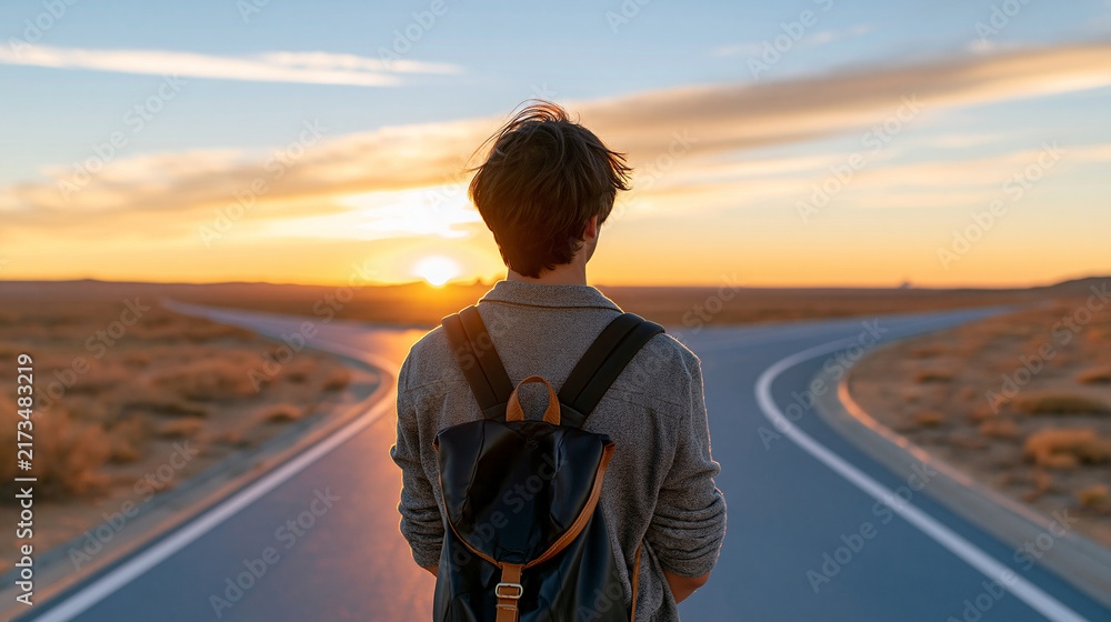 Obraz premium Rear view of a traveler standing at a fork in the road at sunset, life choices, decision making, journey, adventure concept, with copy space