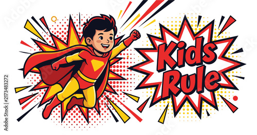 Superhero Boy Flying with Kids Rule Text in Comic Book Style