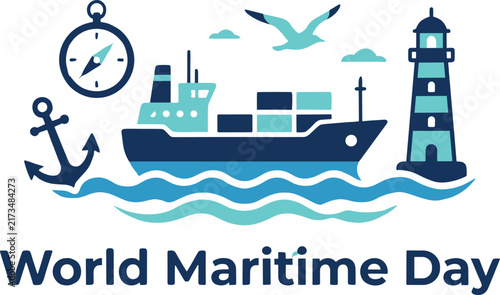 Maritime Day Icon with Ship Lighthouse Anchor and Navigation Compass