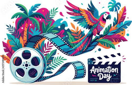 Parrot with Film Reel and Clapperboard for Animation Celebration
