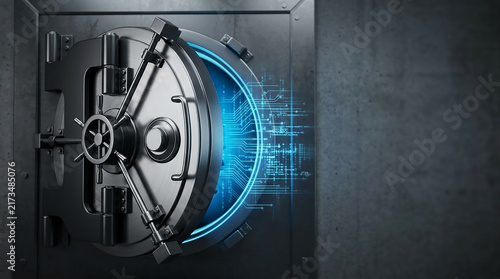 Metallic vault door opening to reveal glowing digital data and cybersecurity technology.