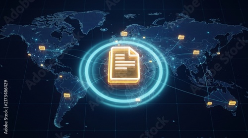 Digital document icon floating over a glowing blue world map representing global data transfer and connection