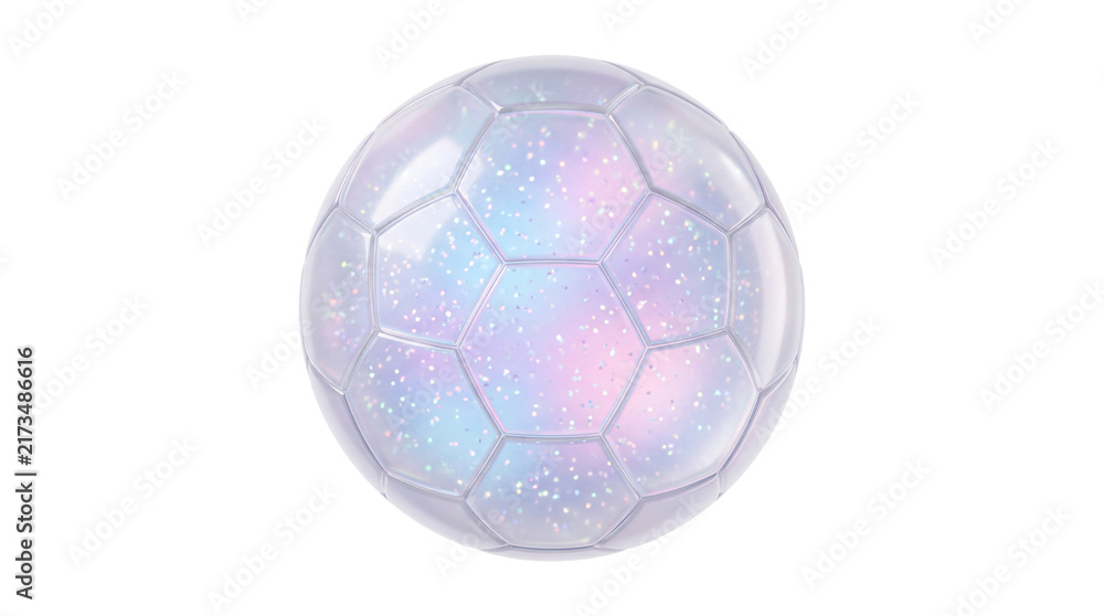 Fototapeta premium Holographic soccer ball with iridescent glitter, glowing sports equipment on white background, pastel crystal football