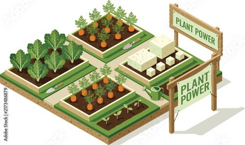 Vegetable Garden with Tofu and Plants in Isometric 3d Style