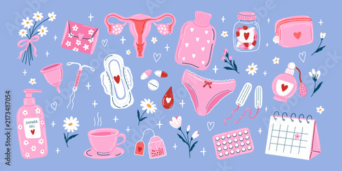 Feminine hygiene products set. Menstrual cycle items cartoon style. Menstrual cup, sanitary pad, tampon, soap, period days drugs. Vector flat illustration