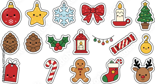 Set of cute hand drawn christmas stickers featuring festive holiday elements and traditional winter decorations on white background