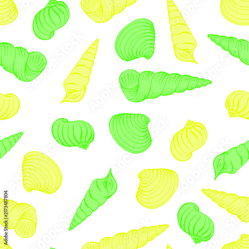 Seamless pattern with shells of different shapes. Hand drawn vector illustration.