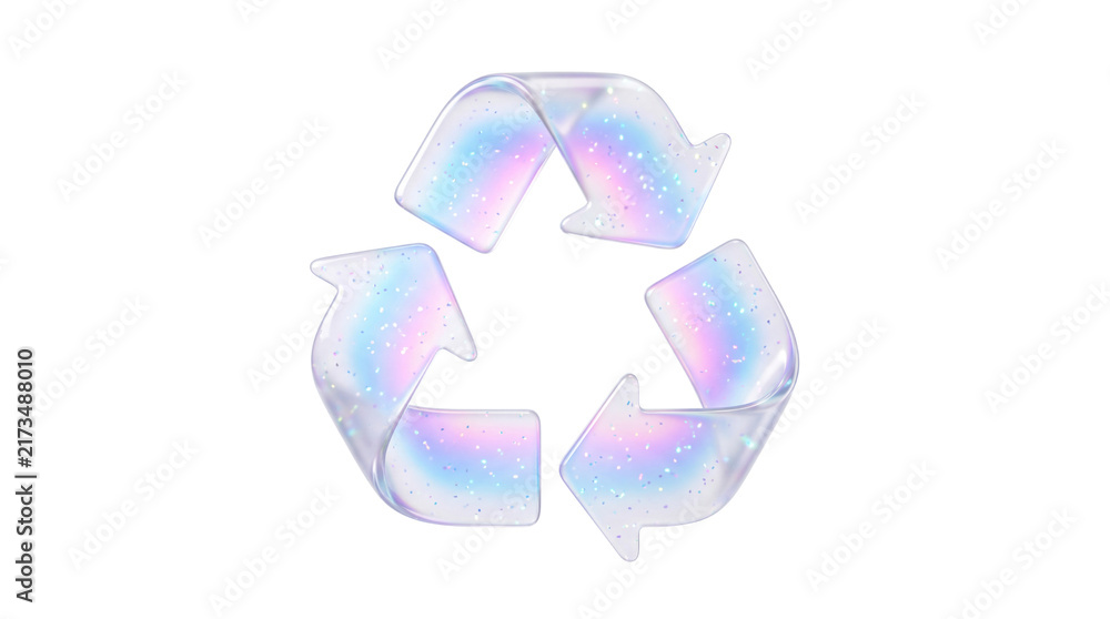 Obraz premium Holographic recycling symbol with iridescent glass texture. 3D recycle icon on white background. Sustainable eco-friendly sign.