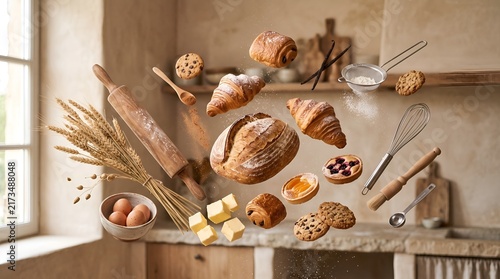 Title: Fresh bakery items and ingredients floating in a rustic kitchen
