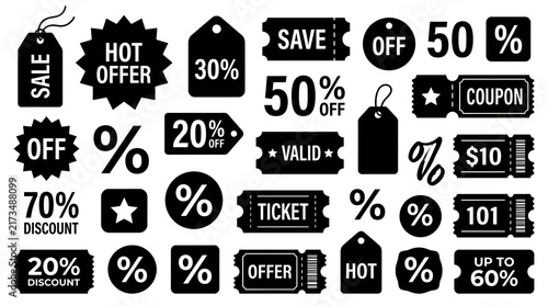 Collection of Black Sale Tags and Discount Coupon Silhouettes