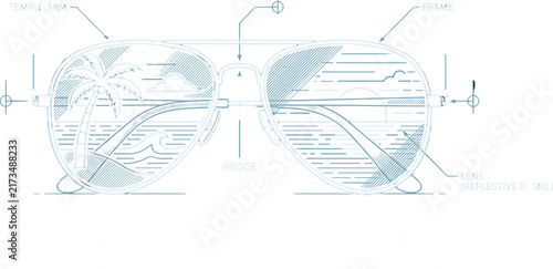 Aviator Sunglasses Line Drawing with Tropical Beach Reflection
