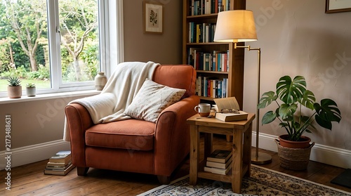 Warm reading nook featuring an orange armchair, white throw blanket, and bookshelves in a sunlit room