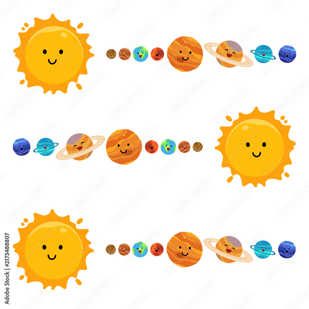 Fototapeta premium Cute cartoon solar system illustration with smiling sun and planets on white background