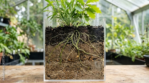Plant Roots Growing in Soil Inside a Transparent Glass Container