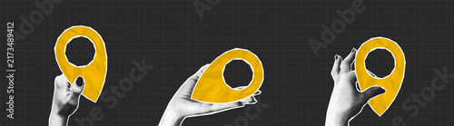 Collage halftone hands holding location pin made from crumpled paper texture. People give yellow map location pointers in hand. Collage design with halftone elements. Vector.