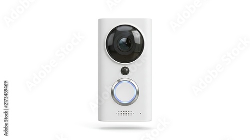 Modern white smart doorbell camera with video surveillance and motion sensor isolated.