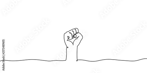 Fist continuous line hand fight single strength raised strong doodle. Human revolution fist line continuous bump person front drawing success resistance simple force gesture arm body protest man.