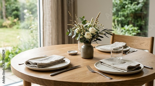 Minimalist dining table setup with ceramic plates and linen napkins near a bright window