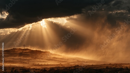 Cinematic Biblical Landscape After the Resurrection with Cross and Holy Spirit Light, Panoramic Sermon Series Background
