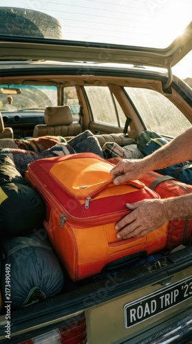 Hands packing orange suitcase in car trunk for summer road trip background and travel banner design