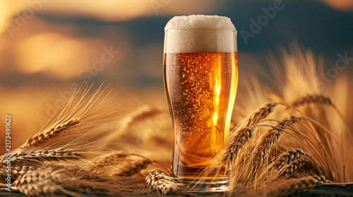 Golden beer in glass with foam surrounded by wheat ears in sunset harvest field