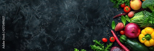 Dark slate background with colorful vegetable corner for world vegetarian day poster and banner design. Horizontal banner. Copy space