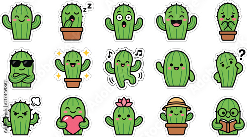 Set of cute cactus sticker illustrations with various expressive faces and fun poses for decorative planner scrapbooking art.