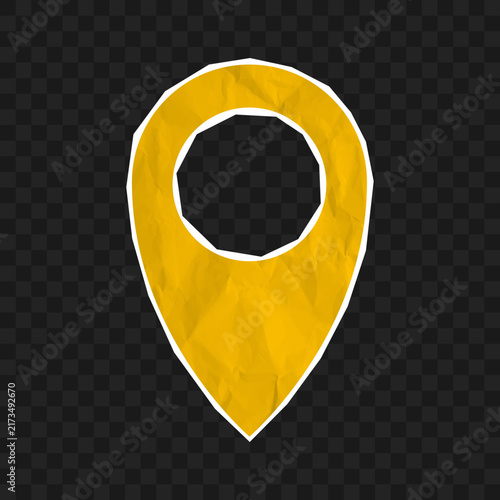 Cut-out scrapbook location pointer made from crumpled paper texture. Map location pin collage element from paper. Transparent background. Vector.