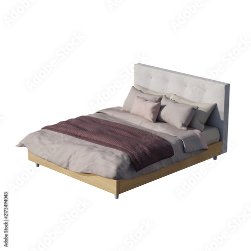 Fotografie Modern double bed with wooden frame and soft bedding isolated on white background