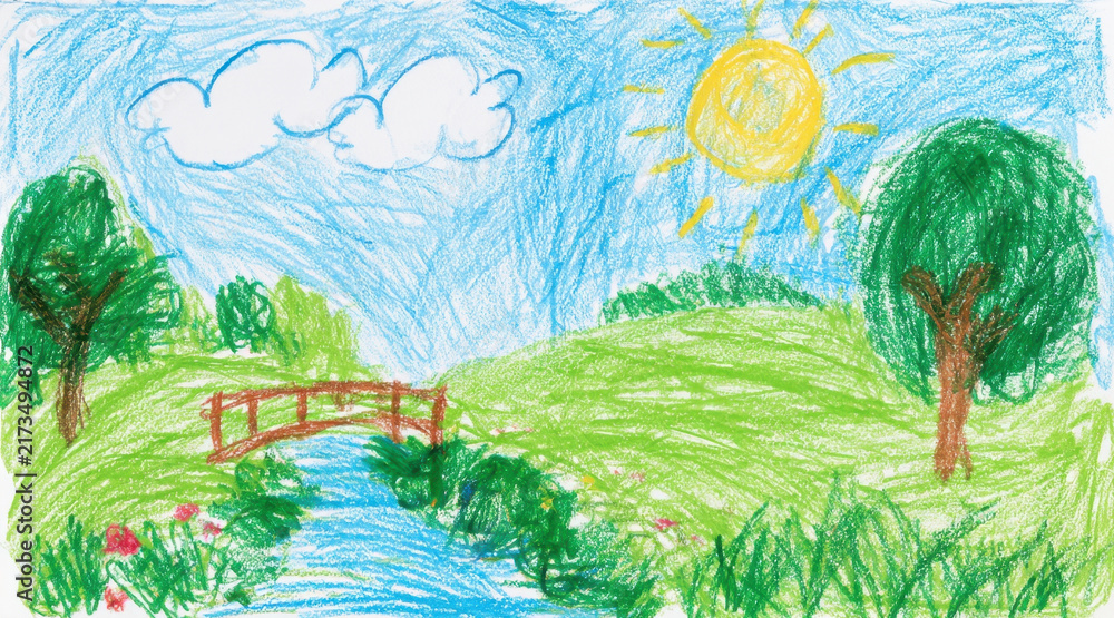 Obraz premium Cute colorful children drawing using oil pastels depicting a bright sunny summer day with green hills a flowing blue river under a wooden bridge clouds and green trees on a white paper texture