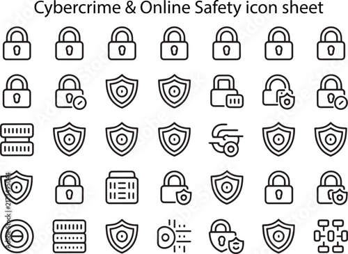 Cybercrime and Online Safety Line Icon Sheet – Security Shield, Padlock, Data Protection & Cybersecurity Vector Icons Set