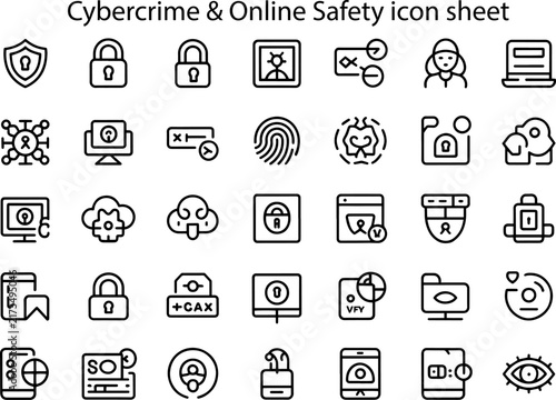 Cybercrime and Online Safety Line Icon Set – Internet Security, Data Protection, Hacker & Cybersecurity Vector Icons Pack