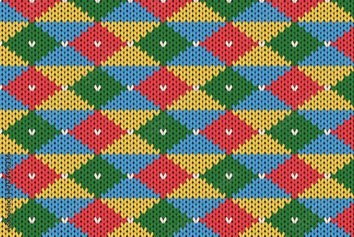 Multicolored Geometric Rhombus Knitted Pattern for Christmas. Colorful geometric wool vector texture with traditional yarn stitches ideal for ugly sweater design, holiday gift wrap, winter textiles